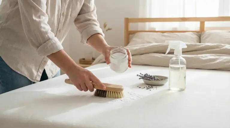 Persona che pulisce un materasso con bicarbonato e spazzola in una camera da letto luminosa