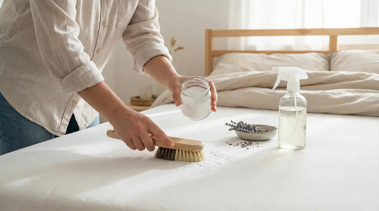Persona che pulisce un materasso con bicarbonato e spazzola in una camera da letto luminosa