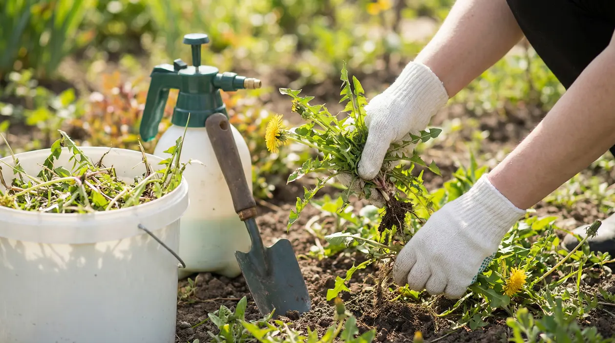 Persona con guanti da giardinaggio che rimuove erbacce a mano in un orto