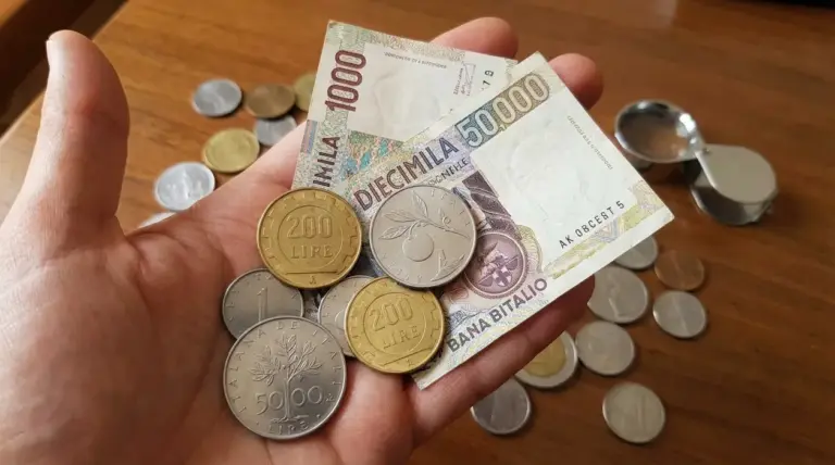 Mano che tiene banconote e monete in lire italiane su un tavolo di legno, con altre monete e una lente d’ingrandimento