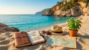 Spiaggia italiana con taccuino, mappa dell'Italia, cappello e pianta su sabbia