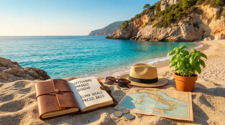 Spiaggia italiana con taccuino, mappa dell'Italia, cappello e pianta su sabbia