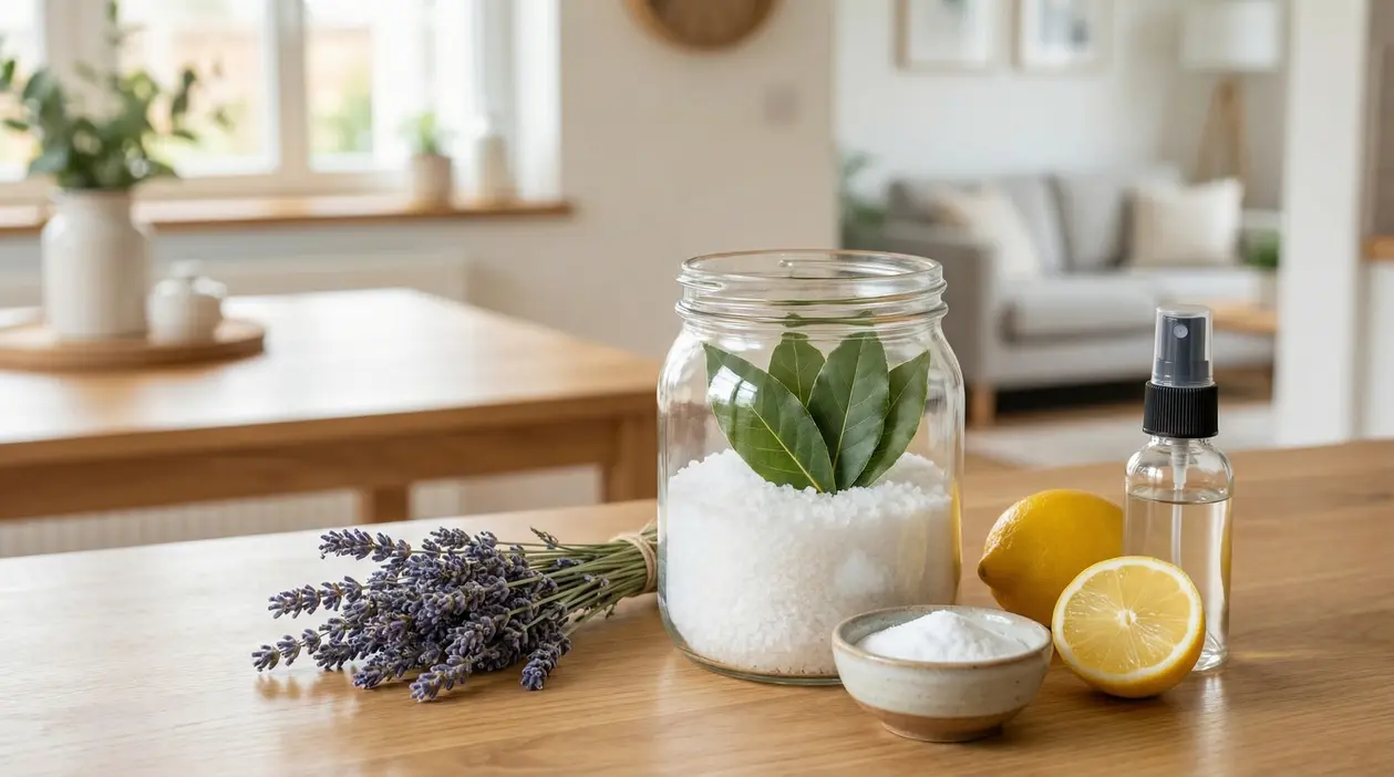 Ingredienti naturali come lavanda, limone, sale e foglie di alloro su un tavolo in una cucina luminosa