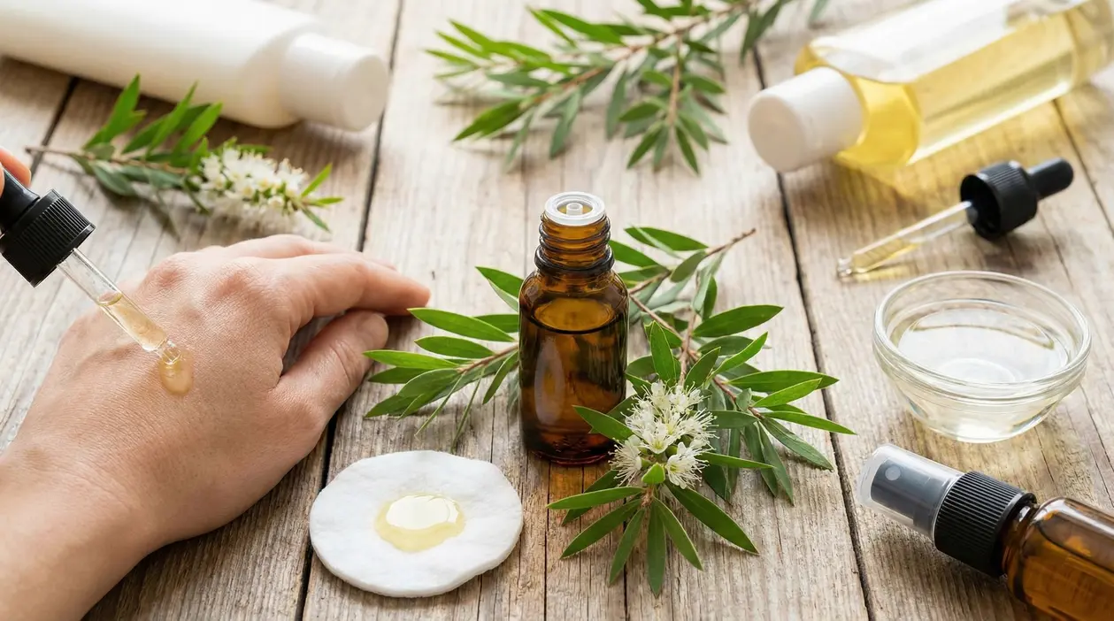 Applicazione di olio di tea tree su una mano con flacone e foglie sullo sfondo