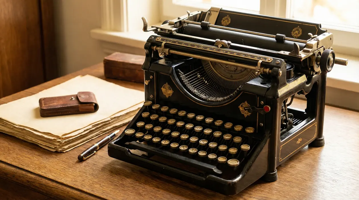 Macchina da scrivere d'epoca in metallo nero su una scrivania in legno accanto a fogli e penna stilografica