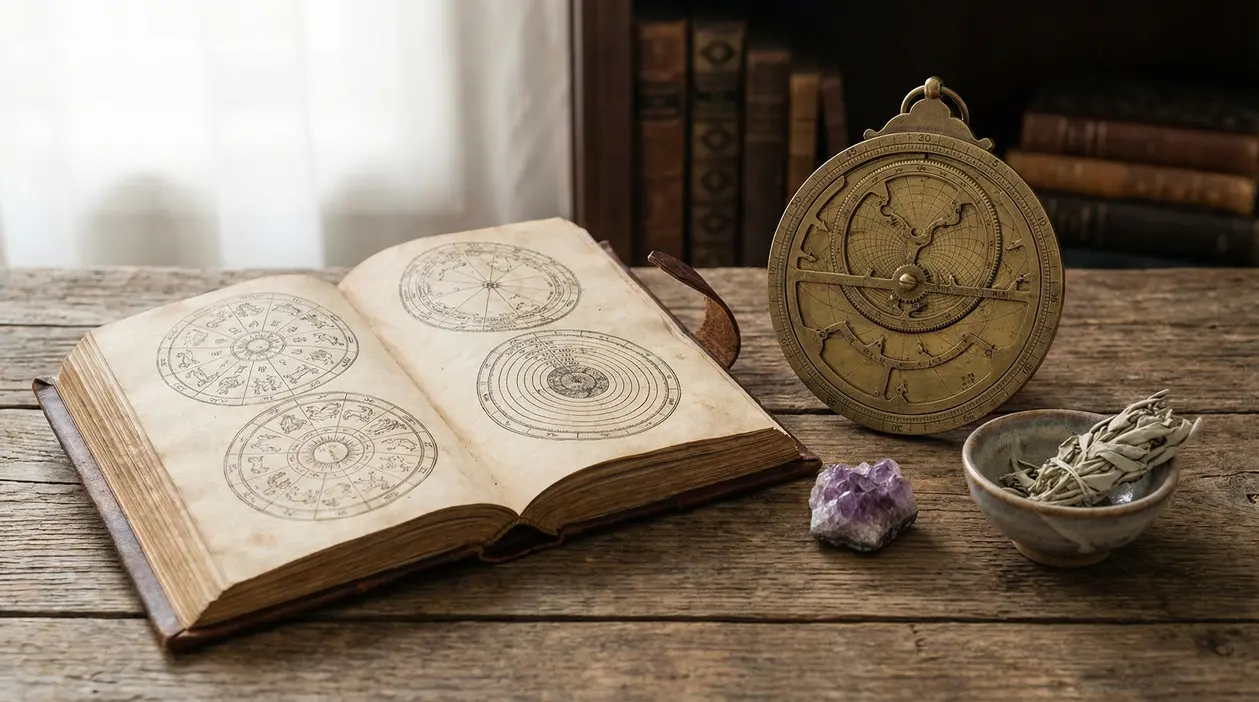 Vecchio libro aperto con simboli astrologici, insieme a strumenti antichi su un tavolo di legno