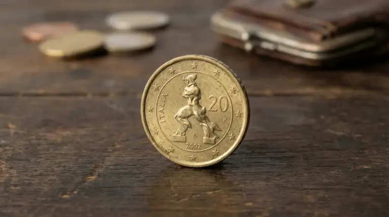Moneta da 20 centesimi italiana del 2002 posata su un tavolo di legno