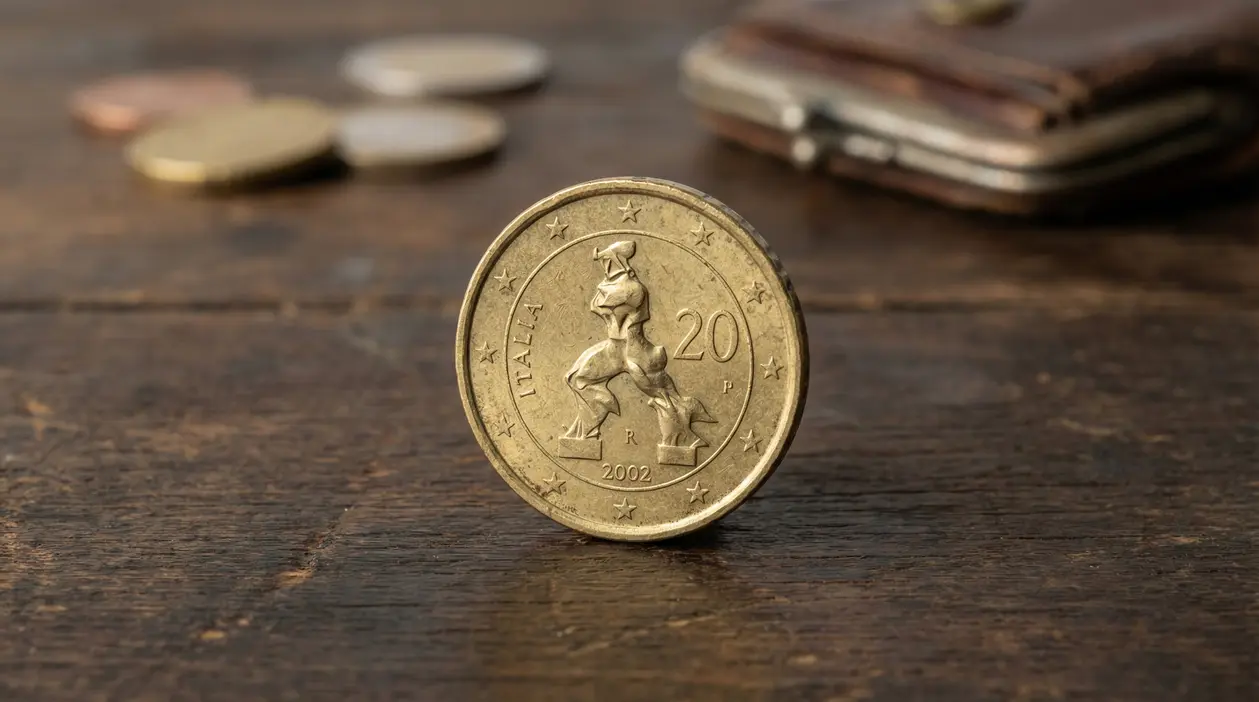 Moneta da 20 centesimi italiana del 2002 posata su un tavolo di legno