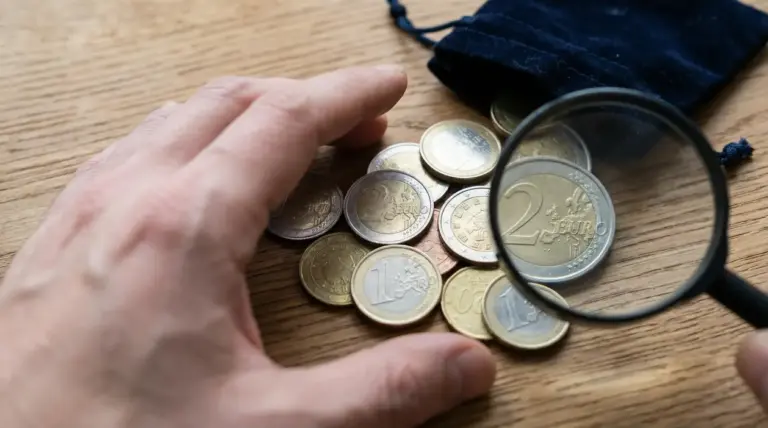 Mano che osserva monete in euro con una lente d’ingrandimento su un tavolo di legno
