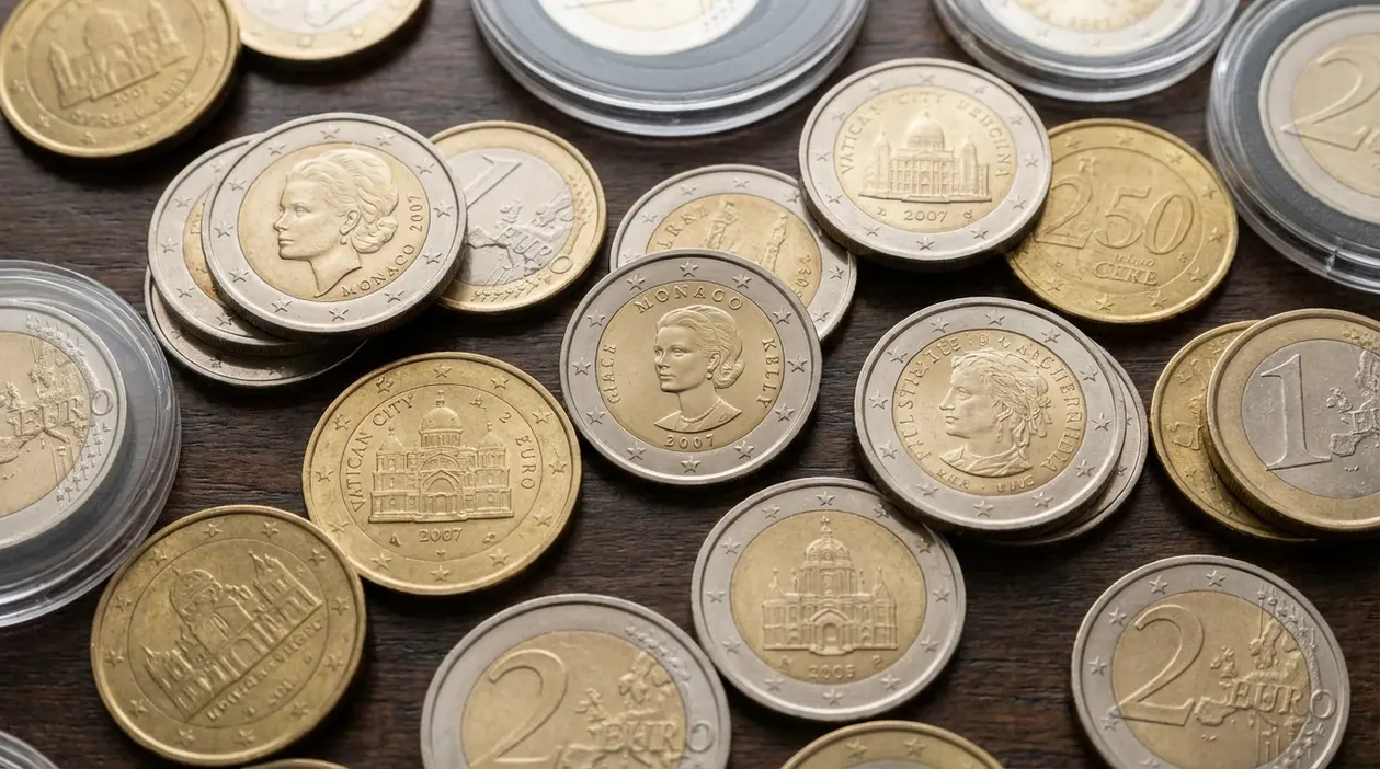 Monete in euro di vari Paesi, incluse monete di Monaco e Vaticano, disposte su un tavolo in legno