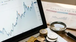 Grafico di cambio su laptop con monete e lente d’ingrandimento, per monitorare l’andamento della sterlina in tempo reale