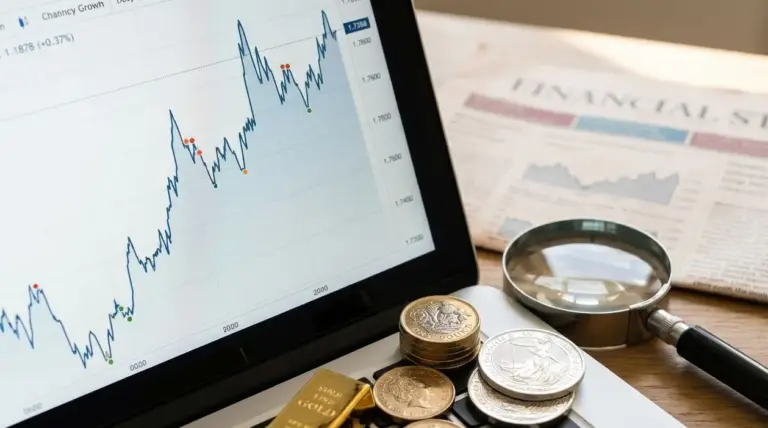 Grafico di cambio su laptop con monete e lente d’ingrandimento, per monitorare l’andamento della sterlina in tempo reale
