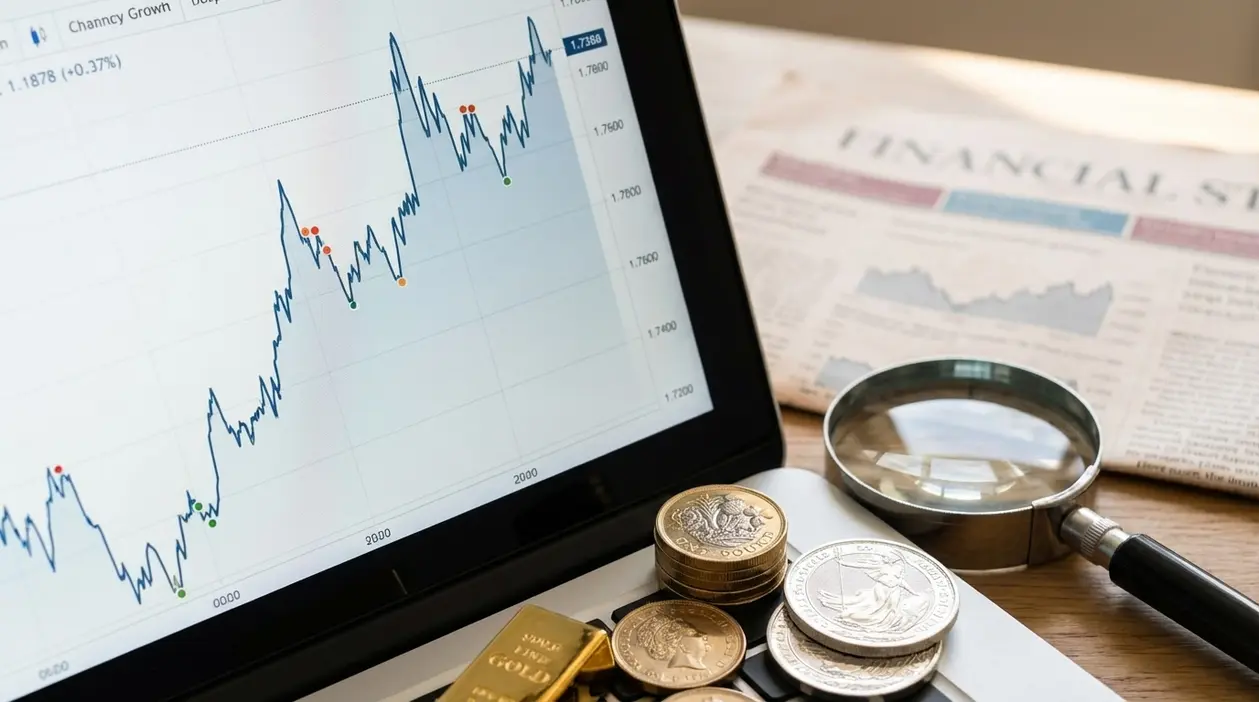 Grafico di cambio su laptop con monete e lente d’ingrandimento, per monitorare l’andamento della sterlina in tempo reale
