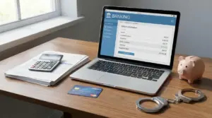 Laptop con home banking, documenti, calcolatrice, carta di credito, salvadanaio e manette su una scrivania