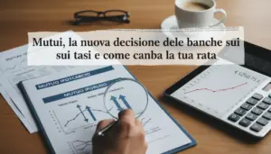 Documenti su mutuo ipotecario con grafici dei tassi, mano con lente d’ingrandimento e tablet con andamento della rata