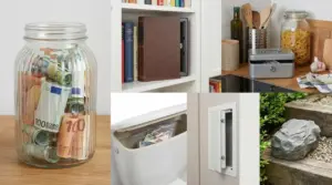 Collage di nascondigli per contanti: barattolo con banconote, libro-cassaforte, cassetta metallica, cassetto bagno e finta pietra
