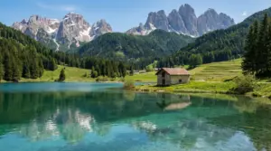 Un lago alpino cristallino circondato da monti, boschi e una piccola casa in pietra