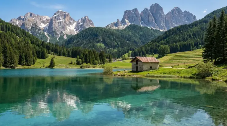 Un lago alpino cristallino circondato da monti, boschi e una piccola casa in pietra