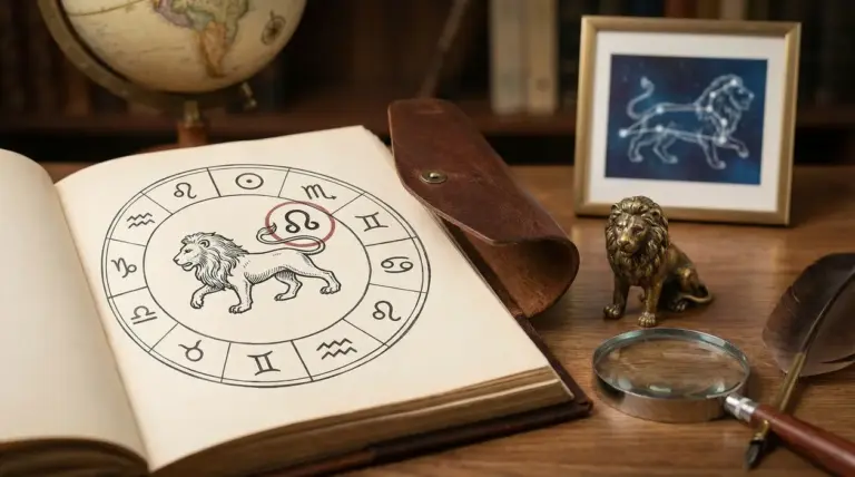 Illustrazione astrologica del segno del Leone con simboli zodiacali su un libro aperto