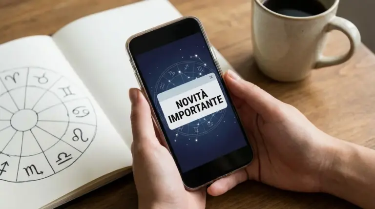 Persona tiene uno smartphone con simboli zodiacali sullo schermo e un messaggio di notizia importante