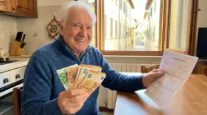 Anziano sorridente seduto in cucina con banconote in euro e un documento in mano