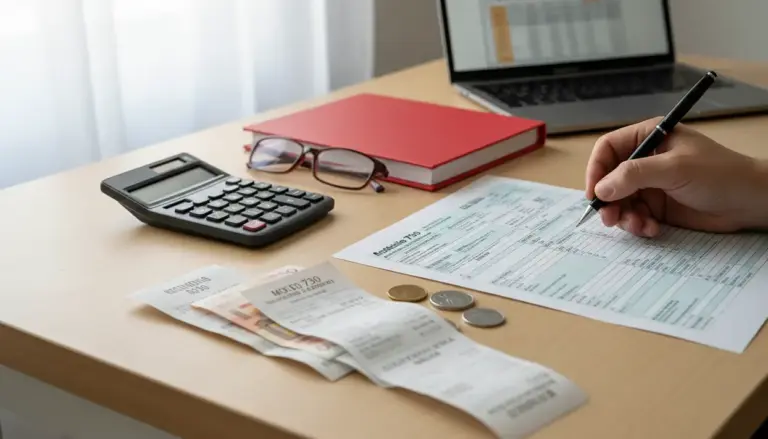 Mano che compila un modulo fiscale su scrivania con calcolatrice, ricevute, monete e laptop