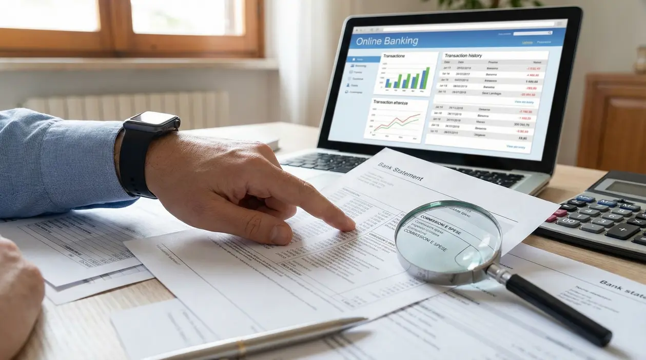 Persona controlla estratto conto e commissioni bancarie con lente, laptop di home banking e calcolatrice