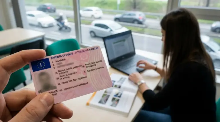 Patente di guida italiana in primo piano con persona al computer in autoscuola o ufficio