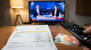 Fattura elettrica con evidenziato il canone TV, telecomando e banconote davanti a una televisione accesa