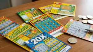 Biglietti gratta e vinci colorati disposti su un tavolo con delle monete
