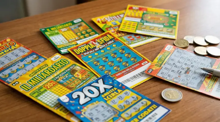 Biglietti gratta e vinci colorati disposti su un tavolo con delle monete