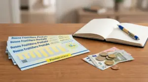 Buoni fruttiferi postali su un tavolo con banconote e monete in euro e un taccuino aperto