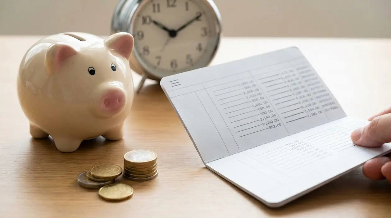 Salvadanaio, monete, orologio e libretto di risparmio su un tavolo