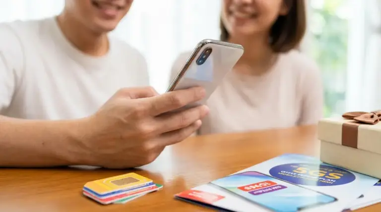 Persona che usa uno smartphone al tavolo con schede SIM e scatola regalo, in contesto di offerta telefonica