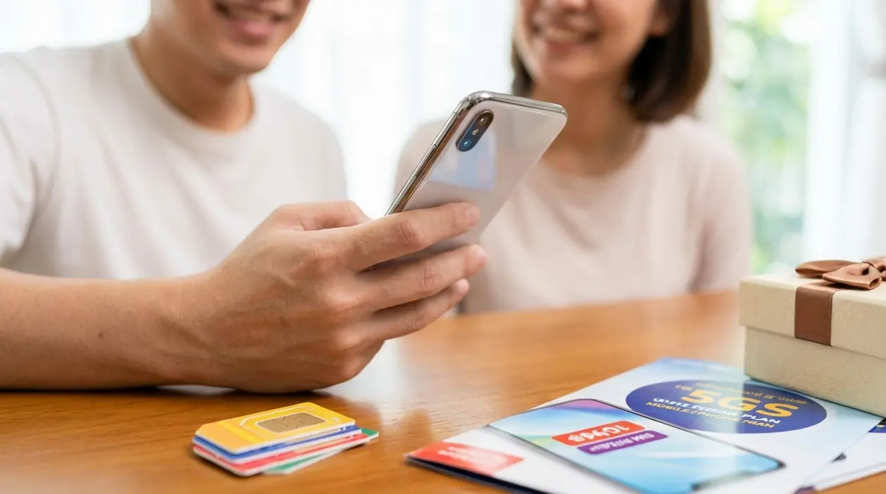 Persona che usa uno smartphone al tavolo con schede SIM e scatola regalo, in contesto di offerta telefonica