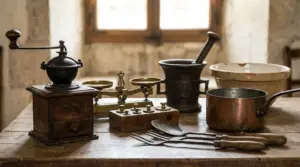 Oggetti da cucina d’epoca su tavolo in legno: macinacaffè manuale, bilancia, mortaio, pentolino e utensili