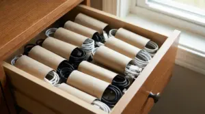 Cavi organizzati in rotoli di carta igienica all'interno di un cassetto di legno