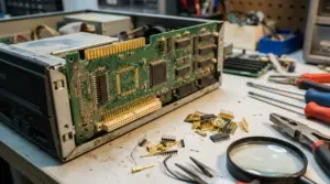 Scheda elettronica smontata con connettori dorati e componenti su banco da lavoro, recupero oro da elettrodomestici