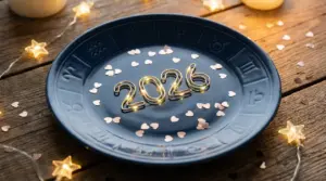 Un piatto blu con simboli zodiacali, decorato con cuori e la scritta 2026 luminosa al centro