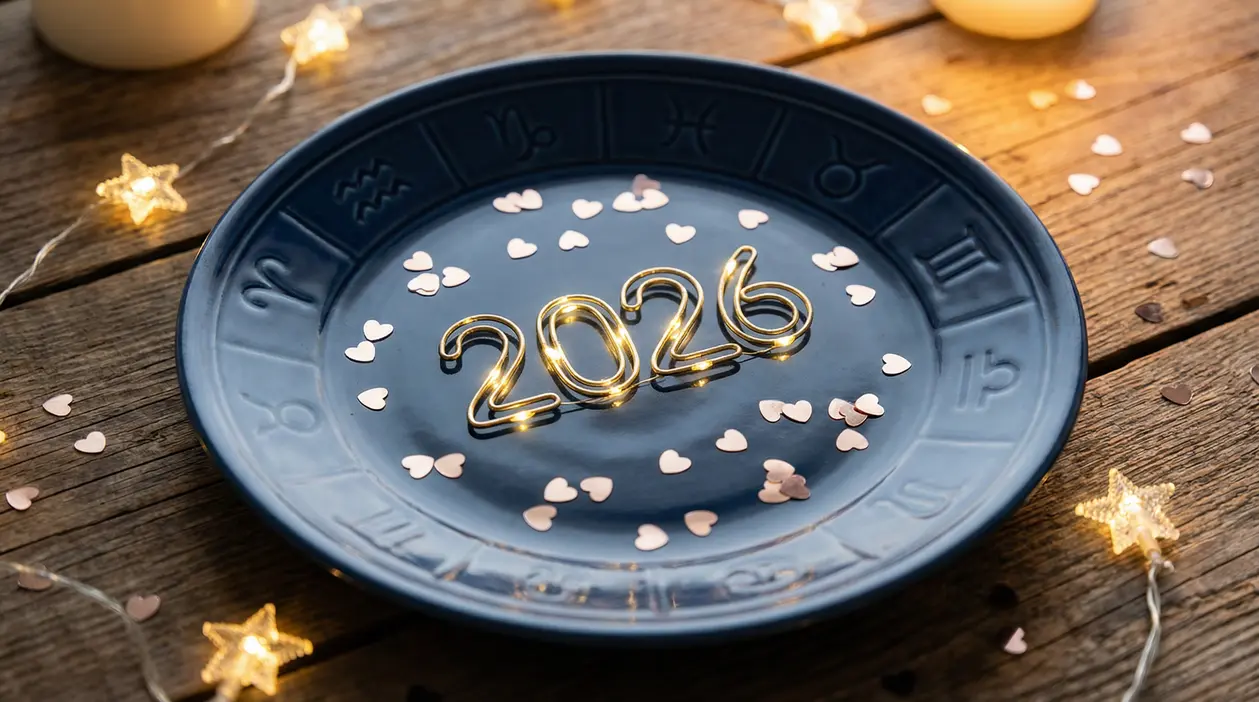 Un piatto blu con simboli zodiacali, decorato con cuori e la scritta 2026 luminosa al centro