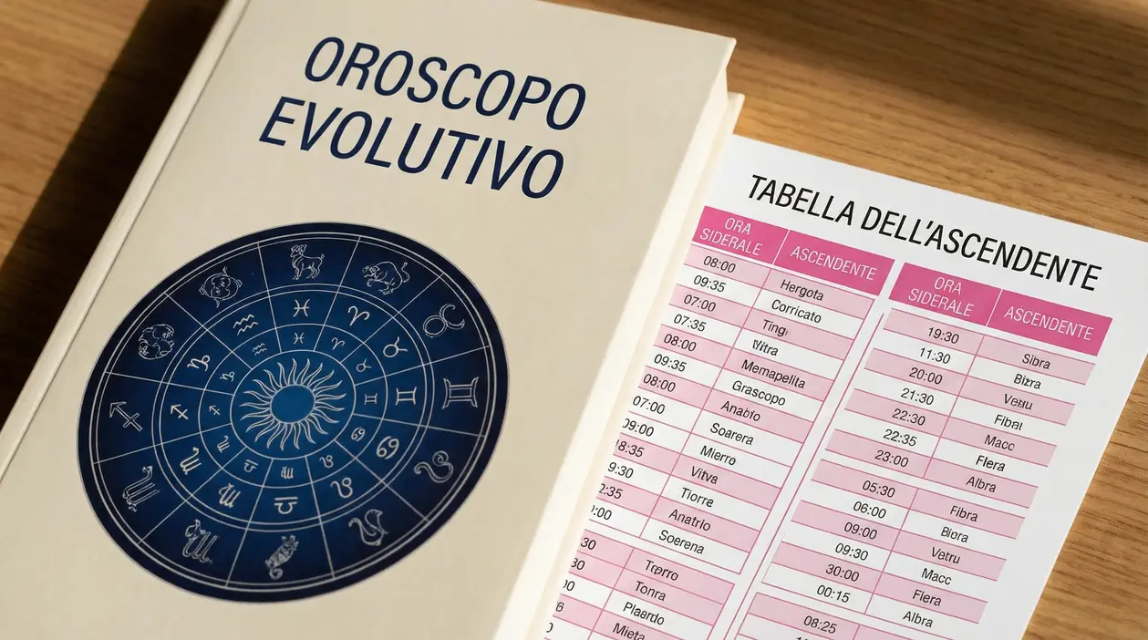 Libro sull'oroscopo evolutivo accanto a una tabella dell'ascendente su un tavolo