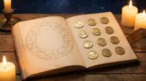 Libro aperto con simboli zodiacali dorati e candele accese su tavolo di legno