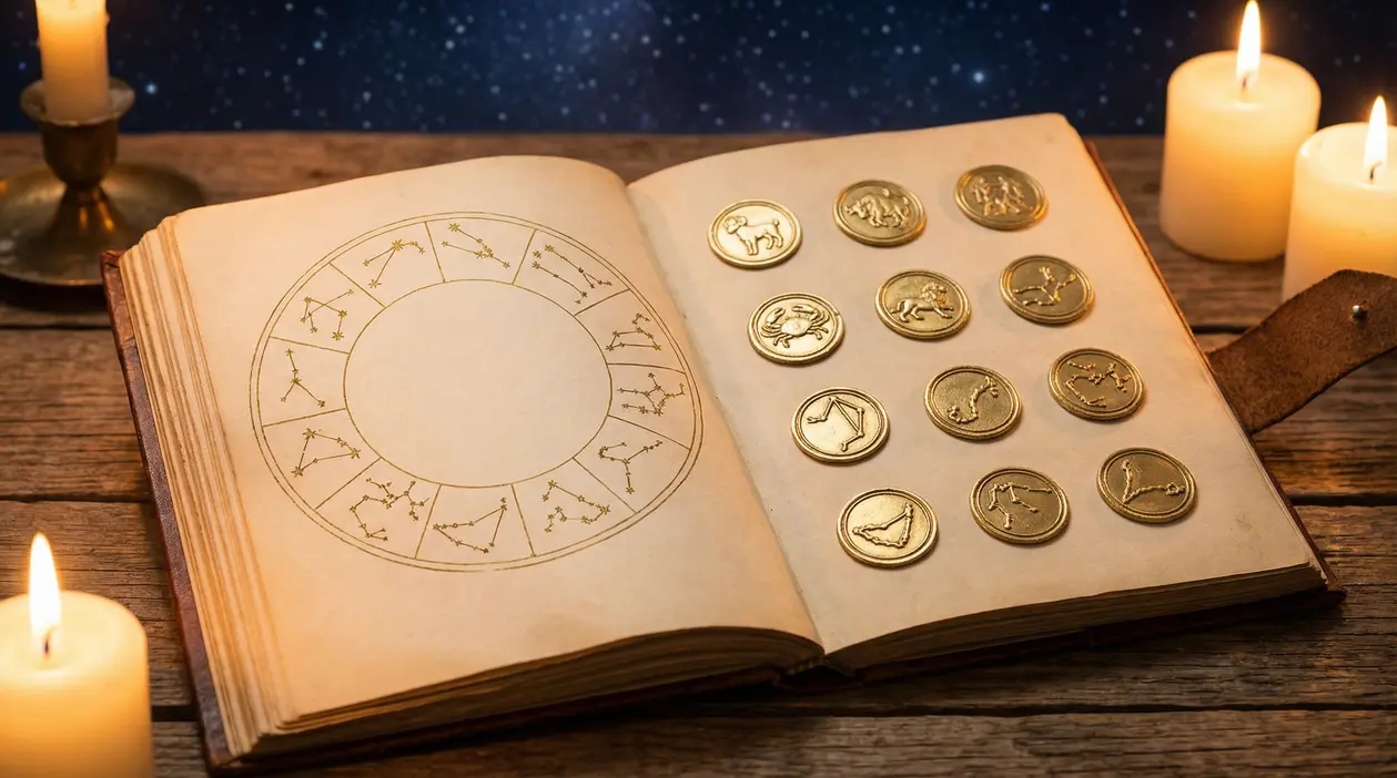 Libro aperto con simboli zodiacali dorati e candele accese su tavolo di legno