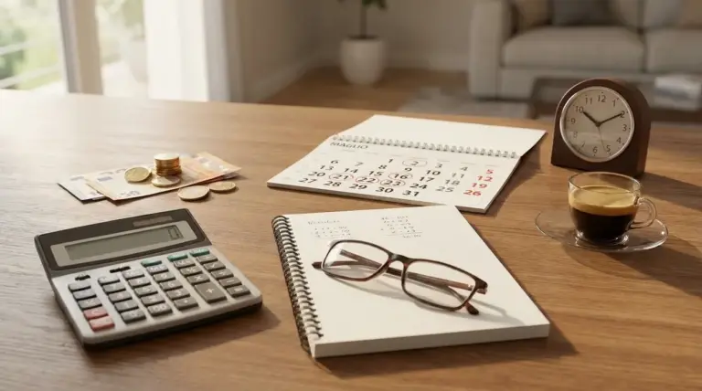 Scrivania con calcolatrice, calendario, banconote e monete, taccuino e orologio, per pianificare lavoro part time e pensione