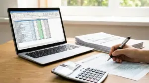 Scrivania con laptop con foglio di calcolo, calcolatrice e documenti fiscali, mano che compila un modulo