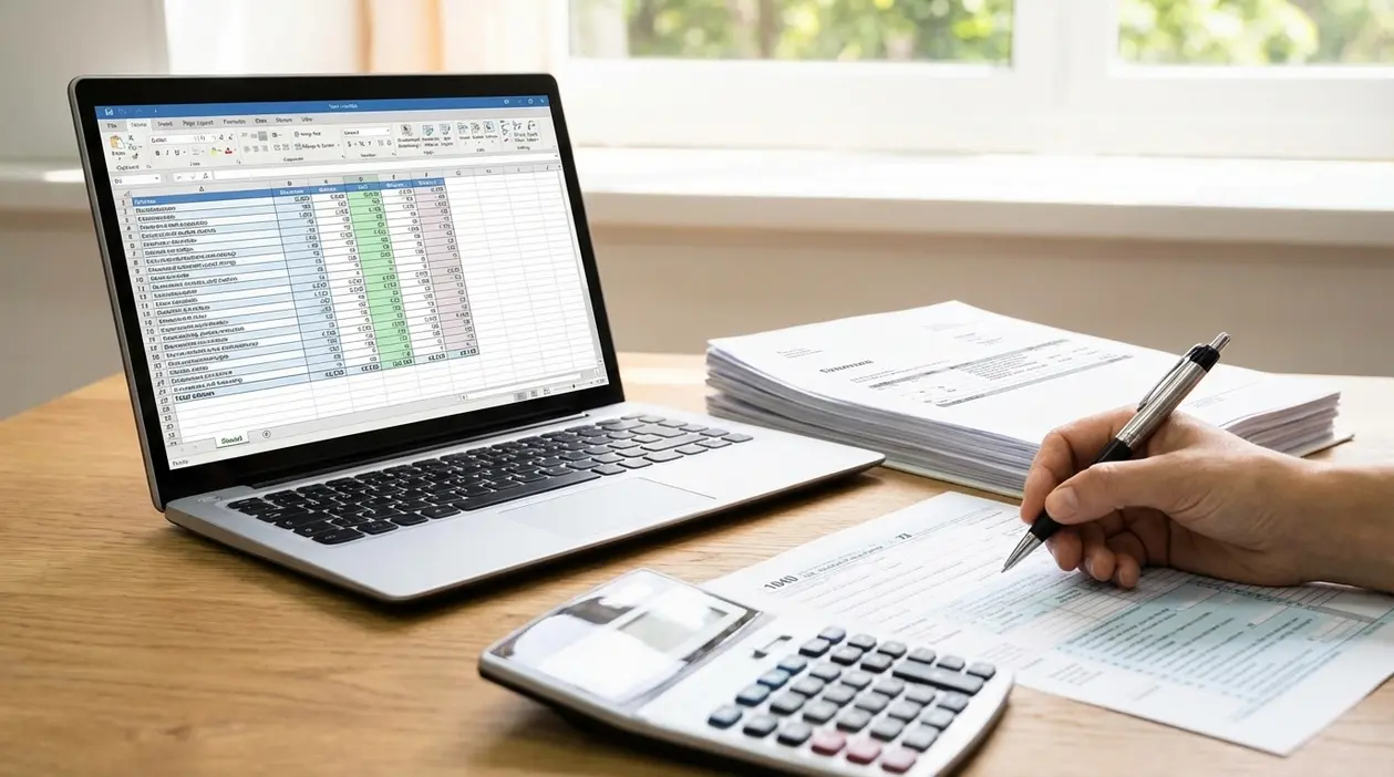 Scrivania con laptop con foglio di calcolo, calcolatrice e documenti fiscali, mano che compila un modulo