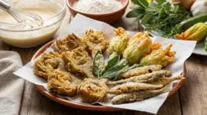 Piatto di fritti misti croccanti con carciofi, fiori di zucca e verdure in pastella su carta assorbente