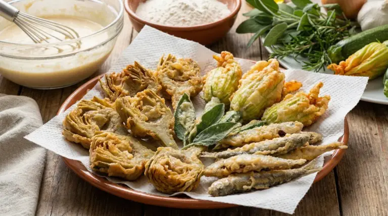 Piatto di fritti misti croccanti con carciofi, fiori di zucca e verdure in pastella su carta assorbente
