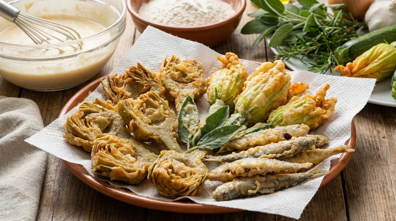 Piatto di fritti misti croccanti con carciofi, fiori di zucca e verdure in pastella su carta assorbente