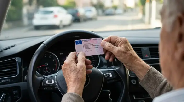 Persona anziana in auto che mostra la patente di guida vicino al volante